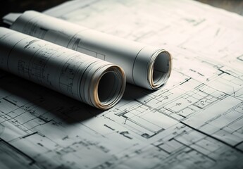 Rolled architectural drawings on an unfolded floor plan with black-and-white lines and construction details.