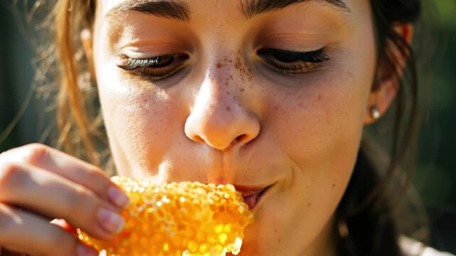Woman eats honeycombs with honey dripping down. Healthy organic raw natural honey, apitherapy consumption for boosting immunity and energy concept.