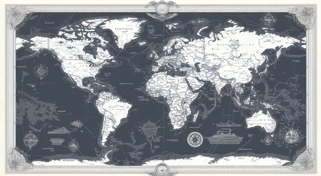 Black-and-white world map with decorative borders, compass roses, and ship illustrations.