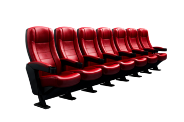 Red cinema seats arranged in a row with a transparent background