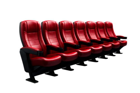 Red cinema seats arranged in a row with a transparent background