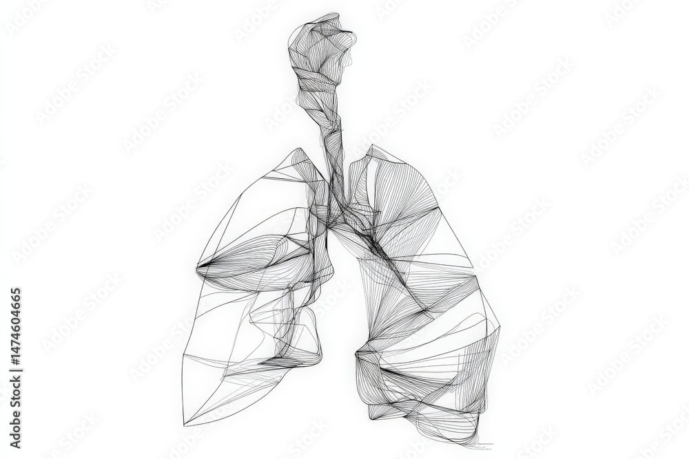 Poster artistic rendering of human lungs in minimalist wireframe design, showcasing anatomy and structure