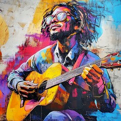 A street art portrait of a musician playing a guitar with vibrant colors.