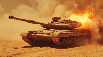 a close up of a tank with a gun on a desert field, futuristic battle tank, futuristic tank is on fire