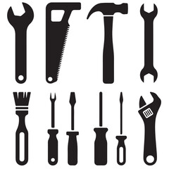 set of black vector various Tool icon Instrument symbol, wrench, hammer, handsaw, paint brush, screwdriver, adjustment wrench silhouettes