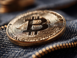 Moeda física de Bitcoin sobre fundo neutro, com destaque para o símbolo e textura metálica. A imagem representa a fusão entre o dinheiro tradicional e o futuro das finanças digitais