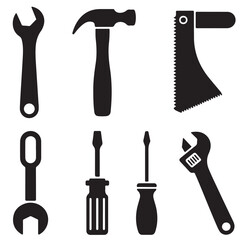 set of black vector various Tool icon Instrument symbol, wrench, hammer, handsaw, paint brush, screwdriver, adjustment wrench silhouettes