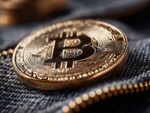 Moeda f&iacute;sica de Bitcoin sobre fundo neutro, com destaque para o s&iacute;mbolo e textura met&aacute;lica. A imagem representa a fus&atilde;o entre o dinheiro tradicional e o futuro das finan&ccedil;as digitais