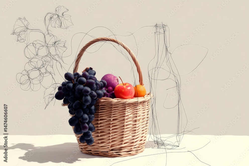 Aufkleber fresh fruits in a woven basket with a sketch of a bottle and grapes on a light background