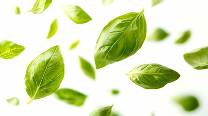 Fototapeta premium Fresh basil leaves falling against white background. Possible use Stock photo for food, culinary, or healthy lifestyle