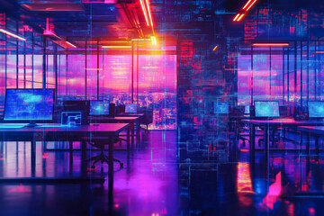 Modern neon cyberpunk open space office interior blurred with information technology overlay. Corporate strategy for finance, operations, marketing. Tables with computers for work. Technology