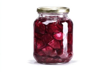 Glass jar filled with pickled beets, a vibrant pop of color.