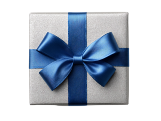 Gift box with blue ribbon, white isolated background.