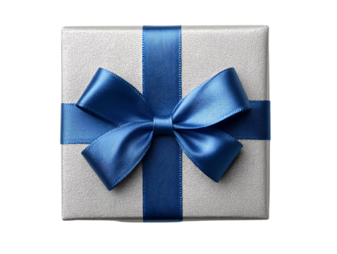 Gift box with blue ribbon, white isolated background.