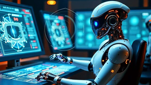Futuristic robot operating advanced technology in a high-tech control room with digital displays