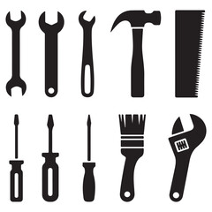 set of black vector various Tool icon Instrument symbol, wrench, hammer, handsaw, paint brush, screwdriver, adjustment wrench silhouettes