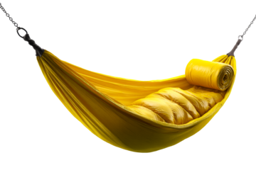 Yellow hammock with sleeping bag on clear background