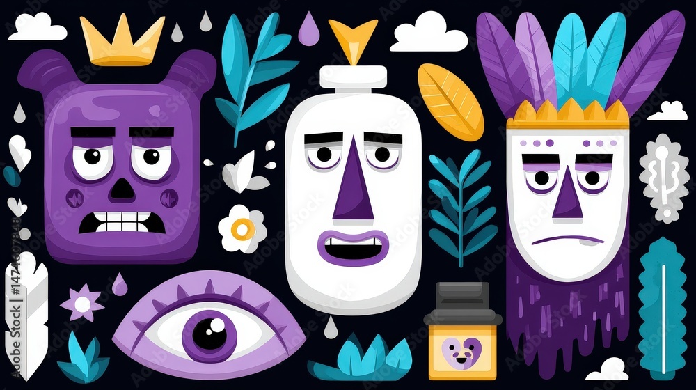 Poster colorful abstract faces and elements with floral and geometric patterns in dark background