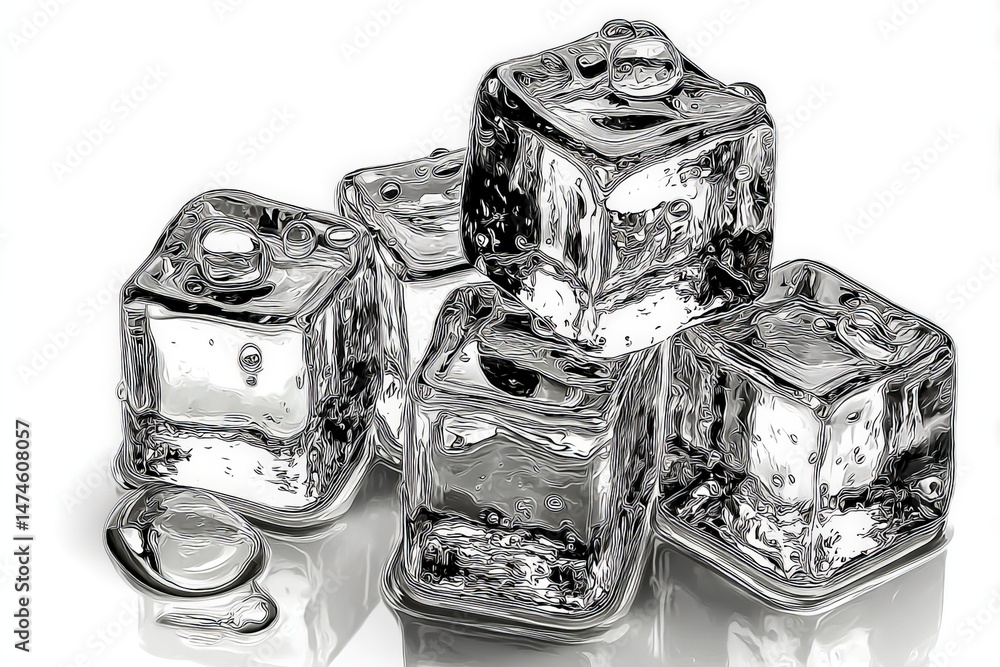 Leinwandbilder ice cubes stacked on a reflective surface with water droplets in a bright setting