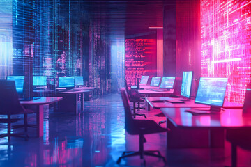 Modern neon cyberpunk open space office interior blurred with information technology overlay. Corporate strategy for finance, operations, marketing. Tables with computers for work. Technology