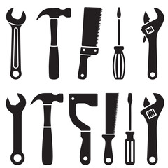 set of black vector various Tool icon Instrument symbol, wrench, hammer, handsaw, paint brush, screwdriver, adjustment wrench silhouettes