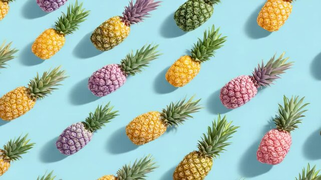 Seamless pattern of colorful pineapples on blue background with creative summer fruit concept and shadow
