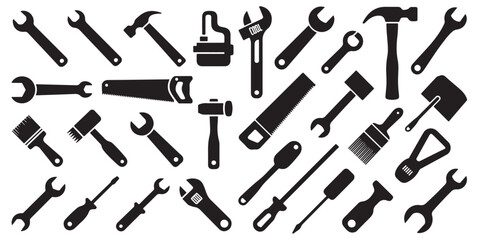Naklejka premium set of black vector various Tool icon Instrument symbol, wrench, hammer, handsaw, paint brush, screwdriver, adjustment wrench silhouettes