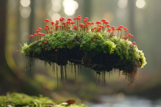 Floating cluster of tiny red mushrooms on moss