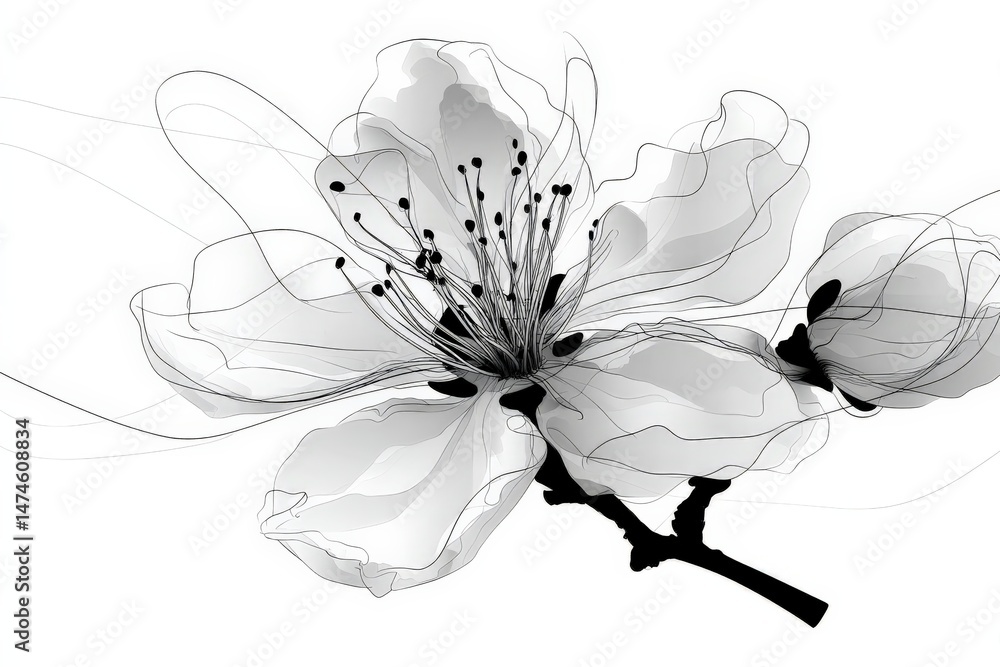 Poster botanical illustration of a delicate cherry blossom with intricate line details and soft shading