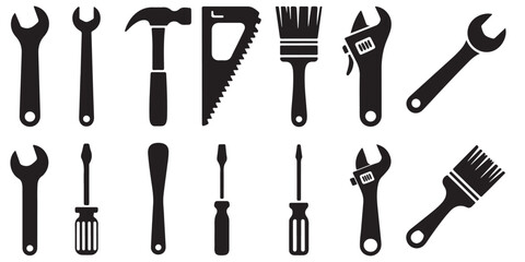 set of black vector various Tool icon Instrument symbol, wrench, hammer, handsaw, paint brush, screwdriver, adjustment wrench silhouettes