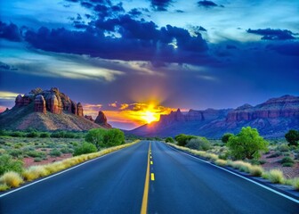 Fototapeta premium Southwest Utah Desert Road: Scenic Highway & Sunset Vista, Stunning Landscape Photography