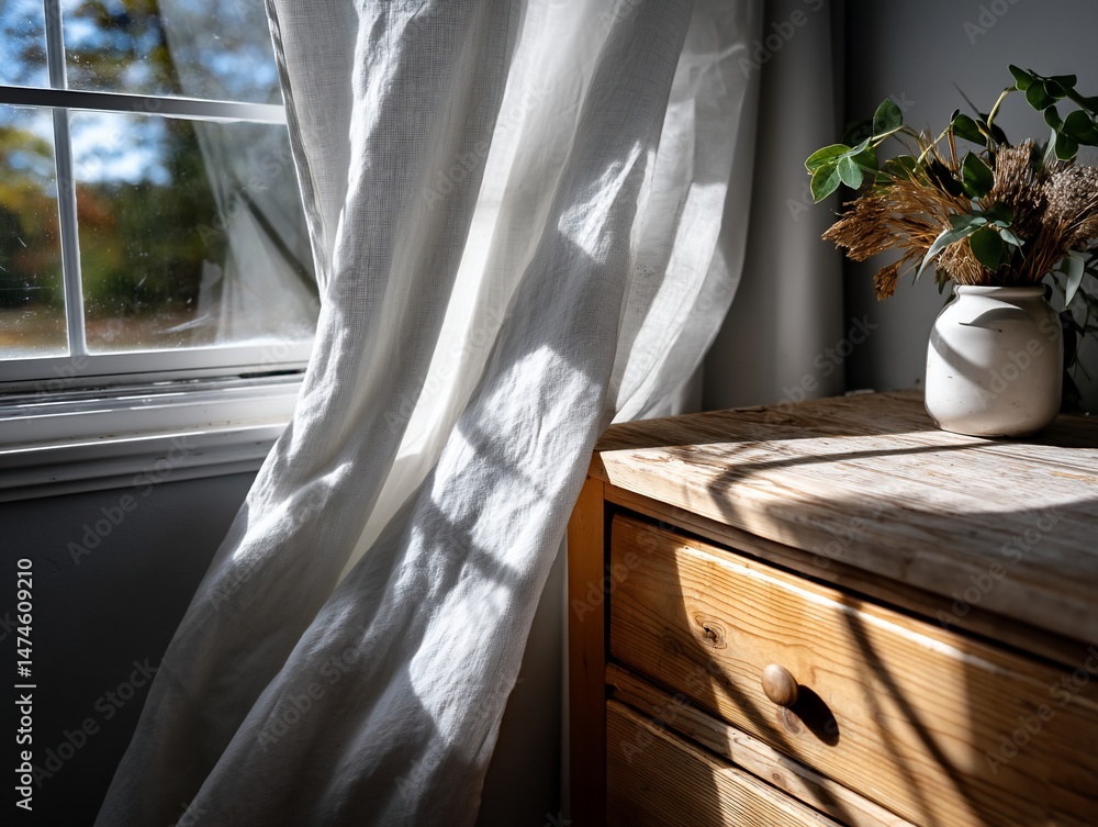 Poster sunlight streams through a window, illuminating a simple room with natural light