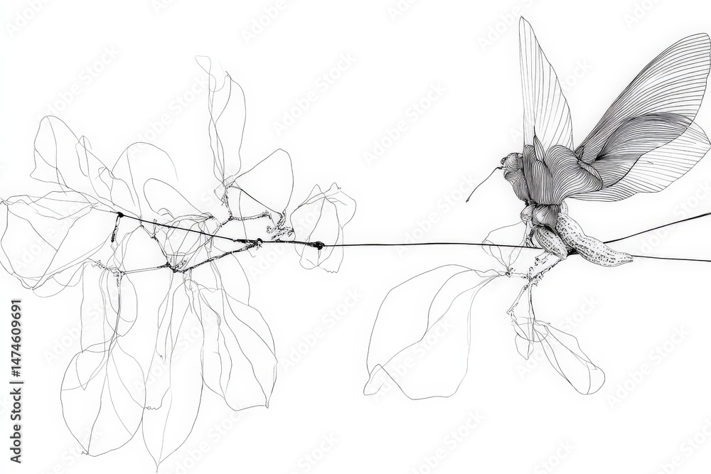 Aufkleber delicate wireframe depiction of an insect perched on a branch with leaves in an artistic style