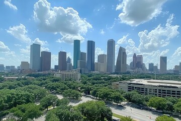 Fototapeta premium Skyline view of Houston Texas skyscrapers and foliage under blue cloudy sky day