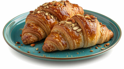 Two almond croissants on teal plate