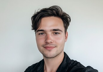 Obraz premium Portrait Of A Young Person Smiling Gently Against A Plain Background