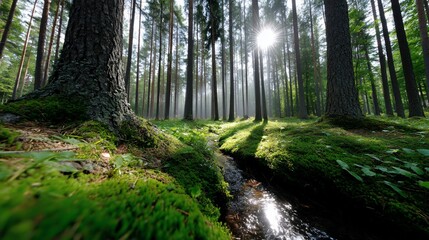 Obraz premium Sunlight streams through a misty forest with moss-covered ground and a small creek