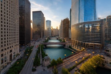 Fototapeta premium Skyline view of river winding through Chicago downtown with bridge during sunset