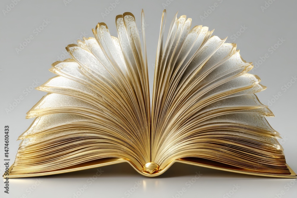 Poster captivating details of an open book showcasing golden edges and elegant pages in a bright, minimalis