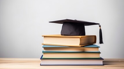 A graduation cap resting on a stack of books on a wooden table against a white background.