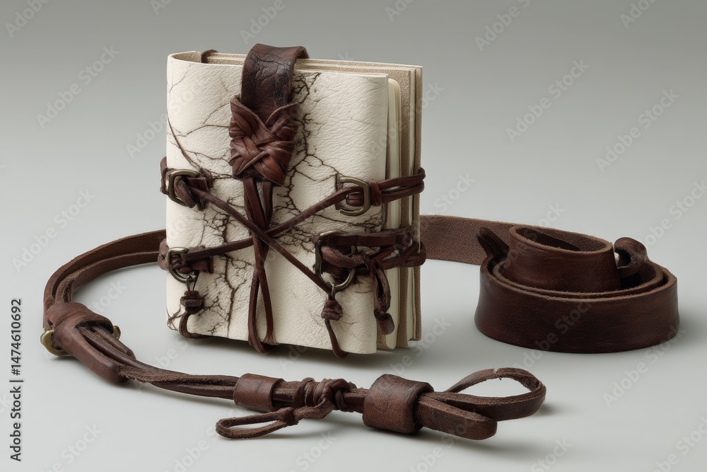 Poster Unique handcrafted leather-bound journal with intricate design displayed on a neutral background