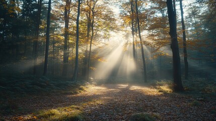 Naklejka premium Sunlight streams through autumn forest