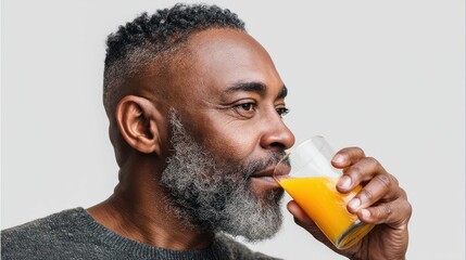 Fototapeta premium A mature african american man drinks a glass of vibrant, fresh orange juice.