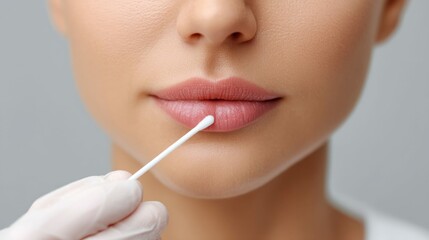 Close up view of a woman with a swab touching her lips in a beauty-related scenario.