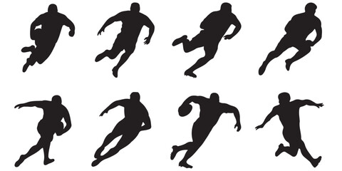 Rugby Player Silhouettes Action Poses, Rugby Players Silhouettes Running Action Poses, set