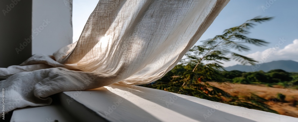 Poster sunlight streams through flowing linen curtains