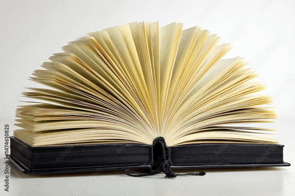 Poster Open book displaying vibrant yellowed pages on a clean surface with natural light in a study setting