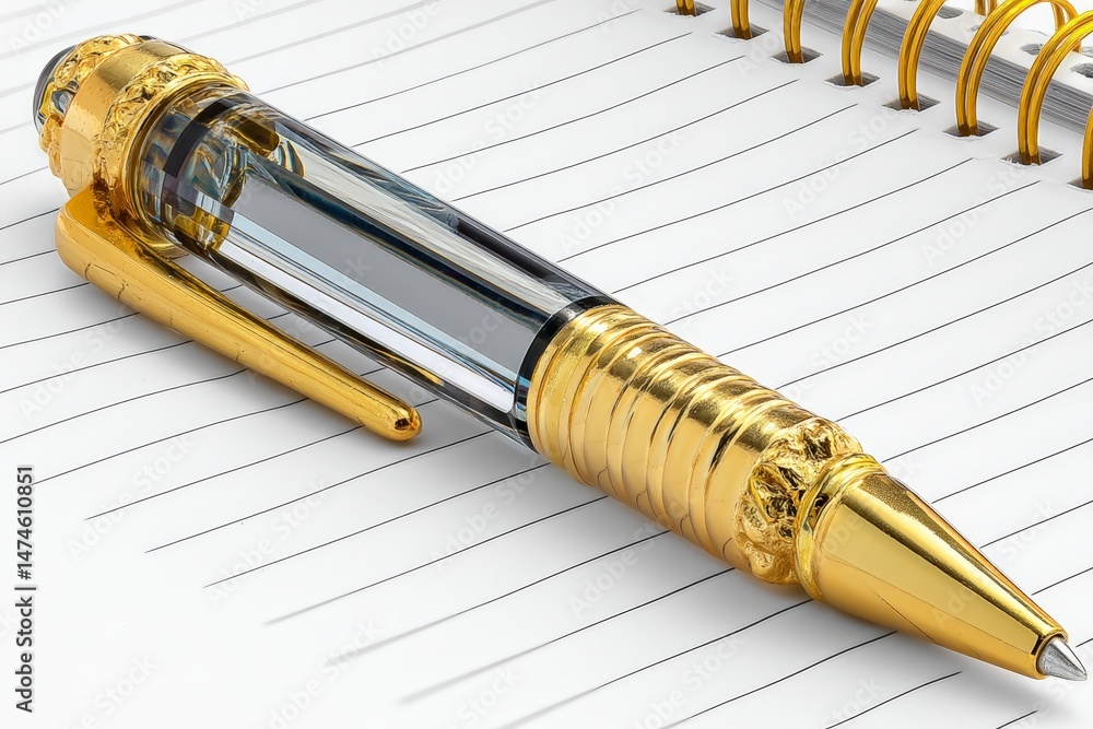 Poster Elegant golden pen resting on a spiral notebook with blank pages ready for notes and ideas