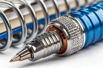 Close up of a mechanical pen resting on a spiral notebook with metal coil binding and blank pages