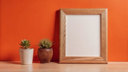 Standing Frame Mockup: Empty Wooden Frame Against White Wall with Copy Space